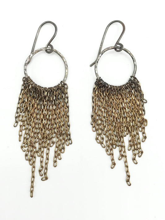 Earrings: short tassel: silver/brass ombre