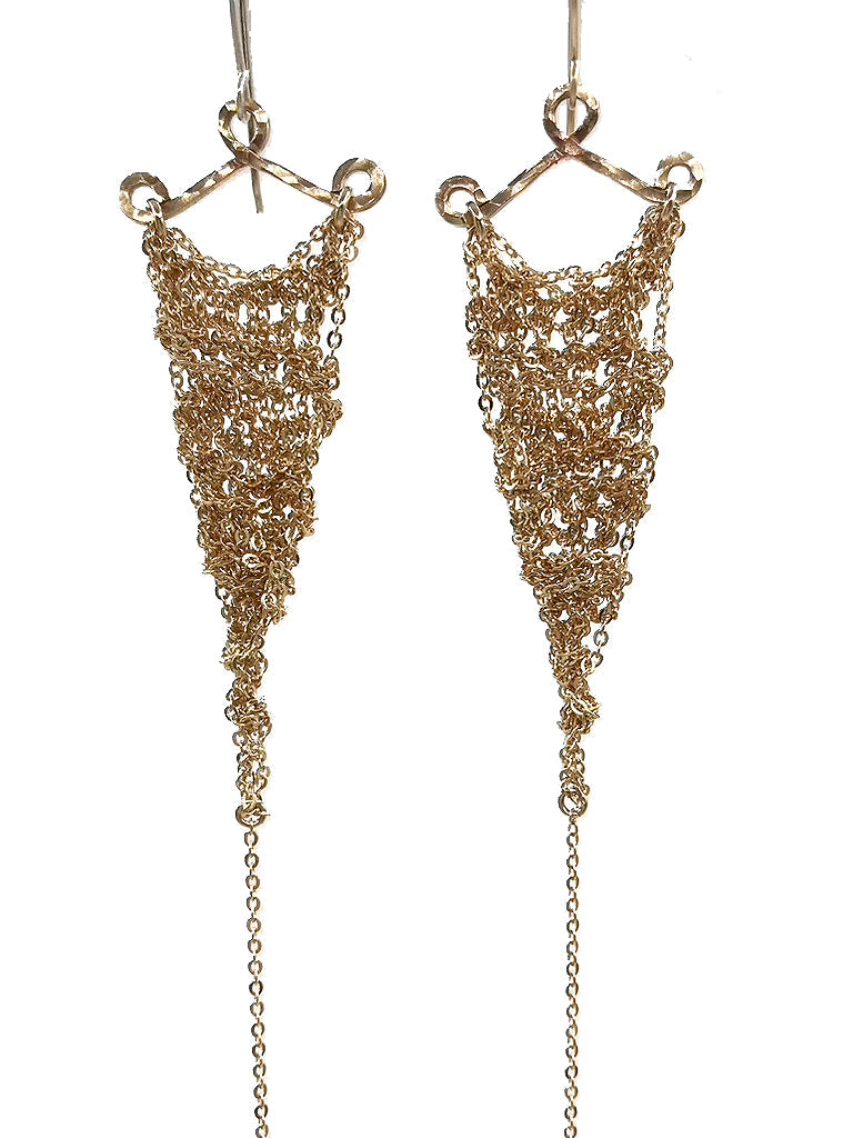 Earrings: crochet triangle: gold: small