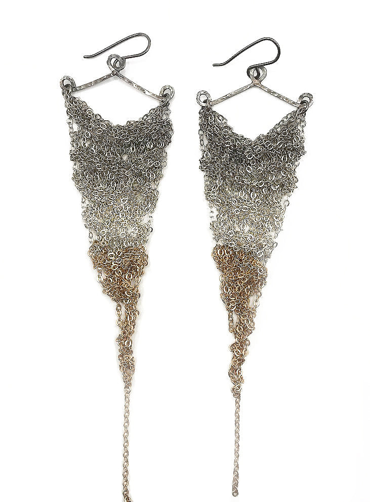 Earrings: Crochet triangle: mixed metals: large