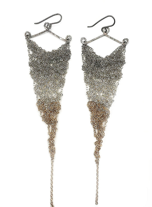 Earrings: Crochet triangle: mixed metals: large