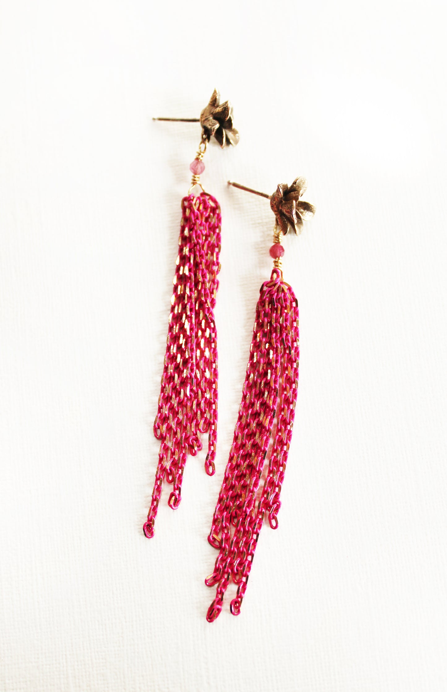 Earrings: Flower Tassel: Bronze/Hot Pink chain