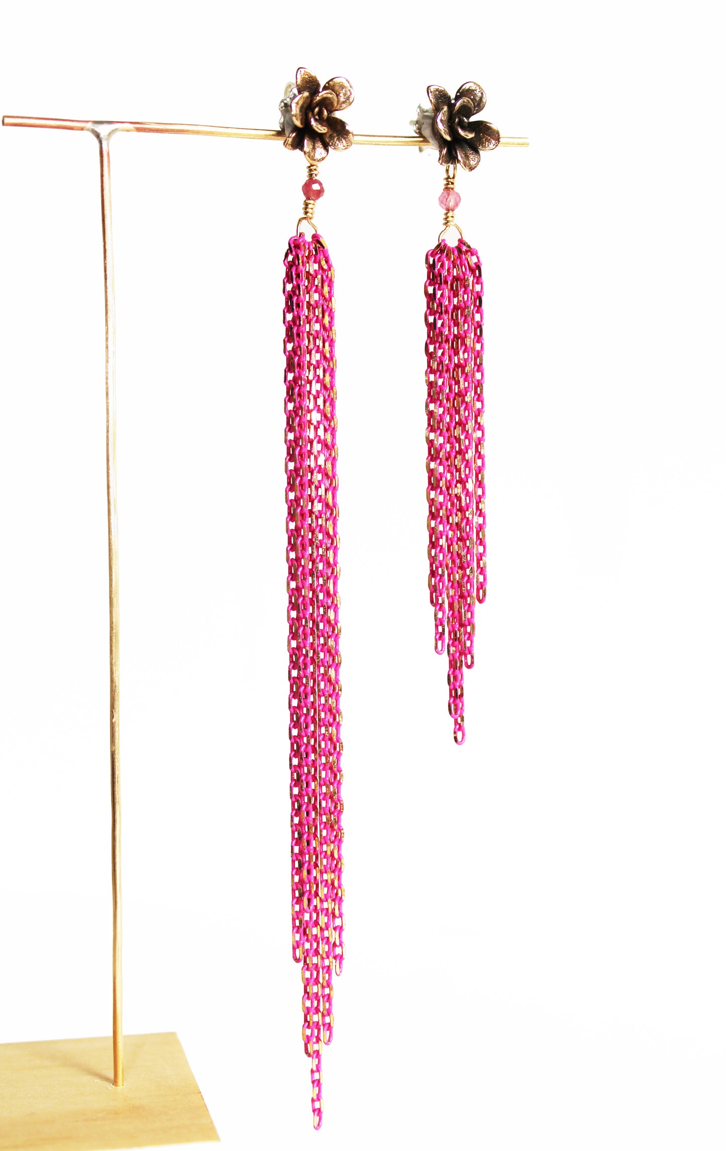 Earrings: Flower Tassel: Bronze/Hot Pink chain