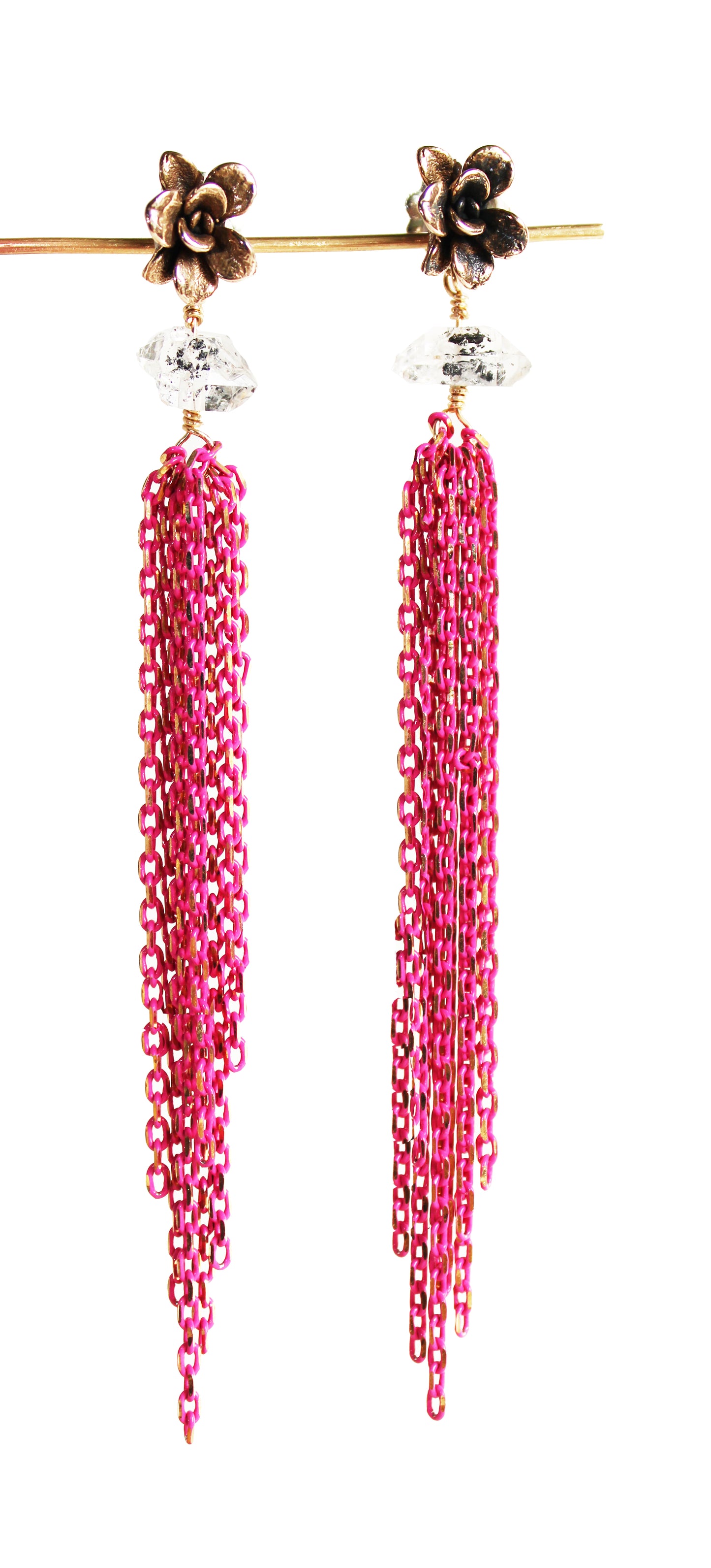 Earrings: Flower Tassel: Bronze/Hot Pink chain