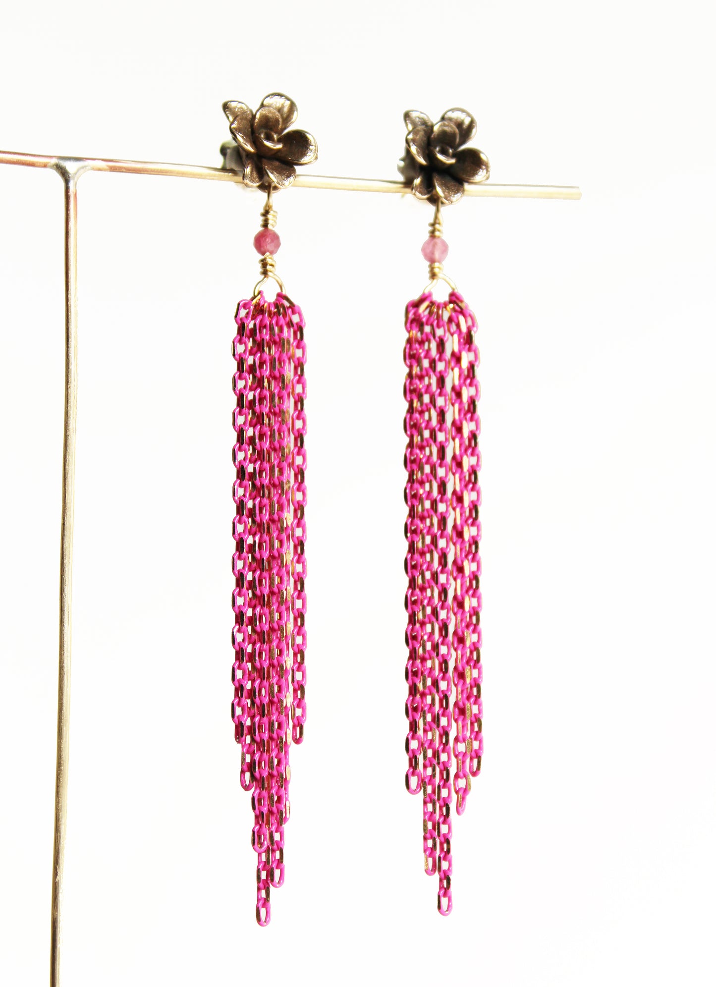 Earrings: Flower Tassel: Bronze/Hot Pink chain