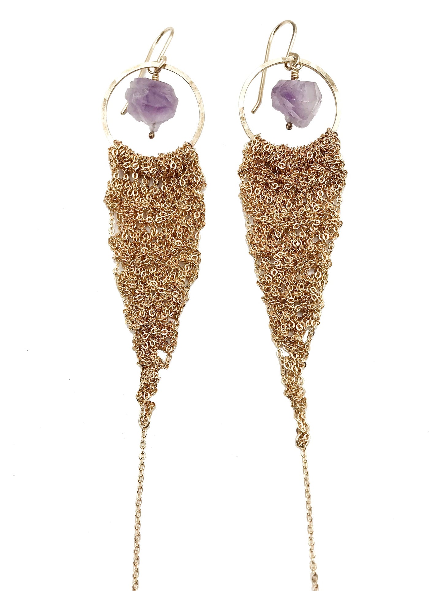 Earrings: crochet drops: gold: large: amethyst