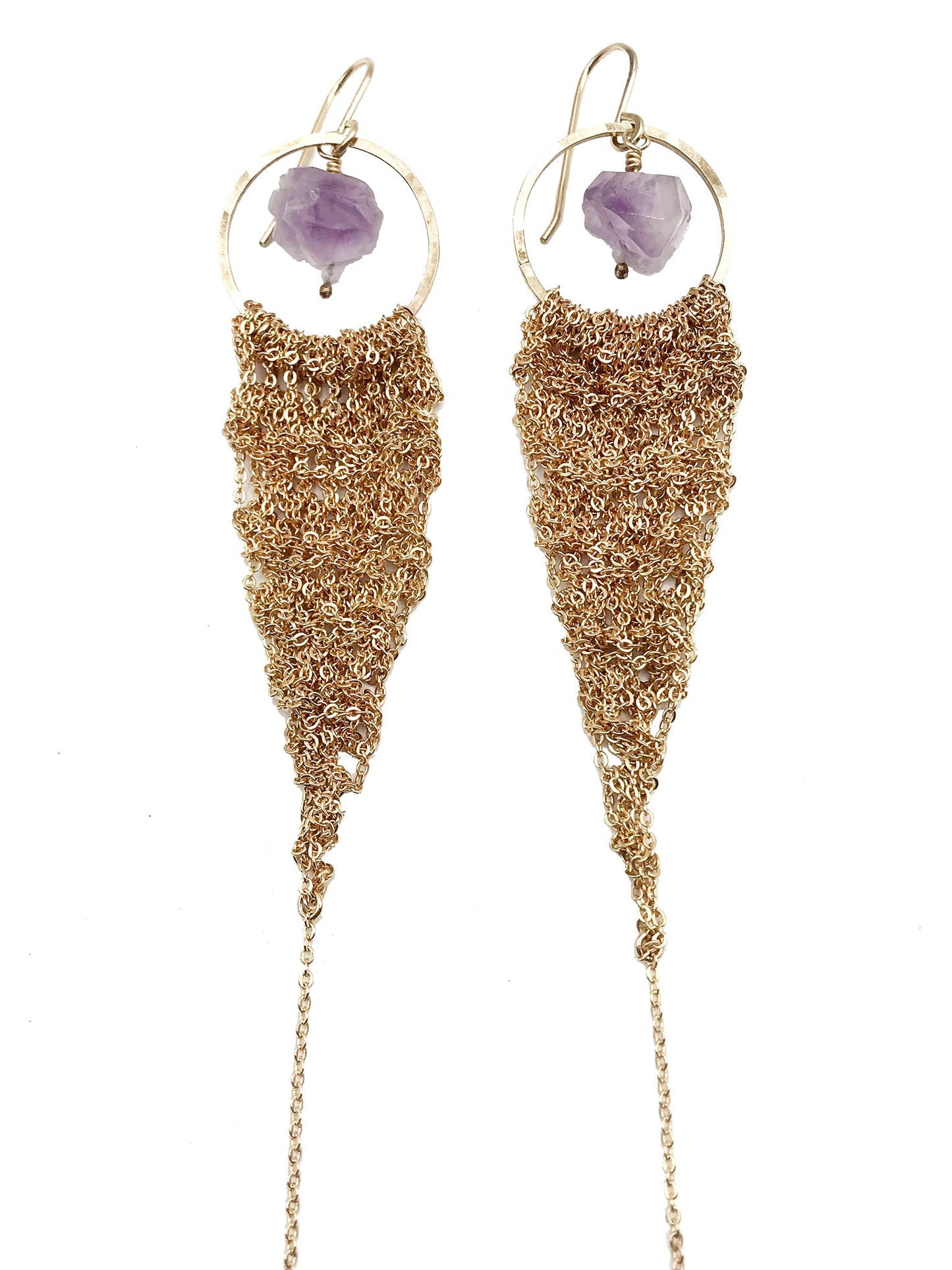 Earrings: crochet drops: gold: large: amethyst