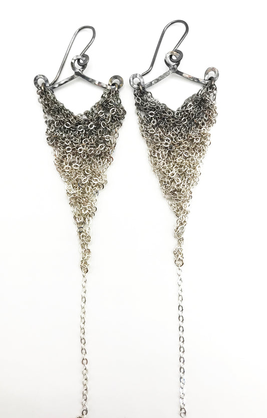 Earrings: Crochet triangle: silver ombre: medium