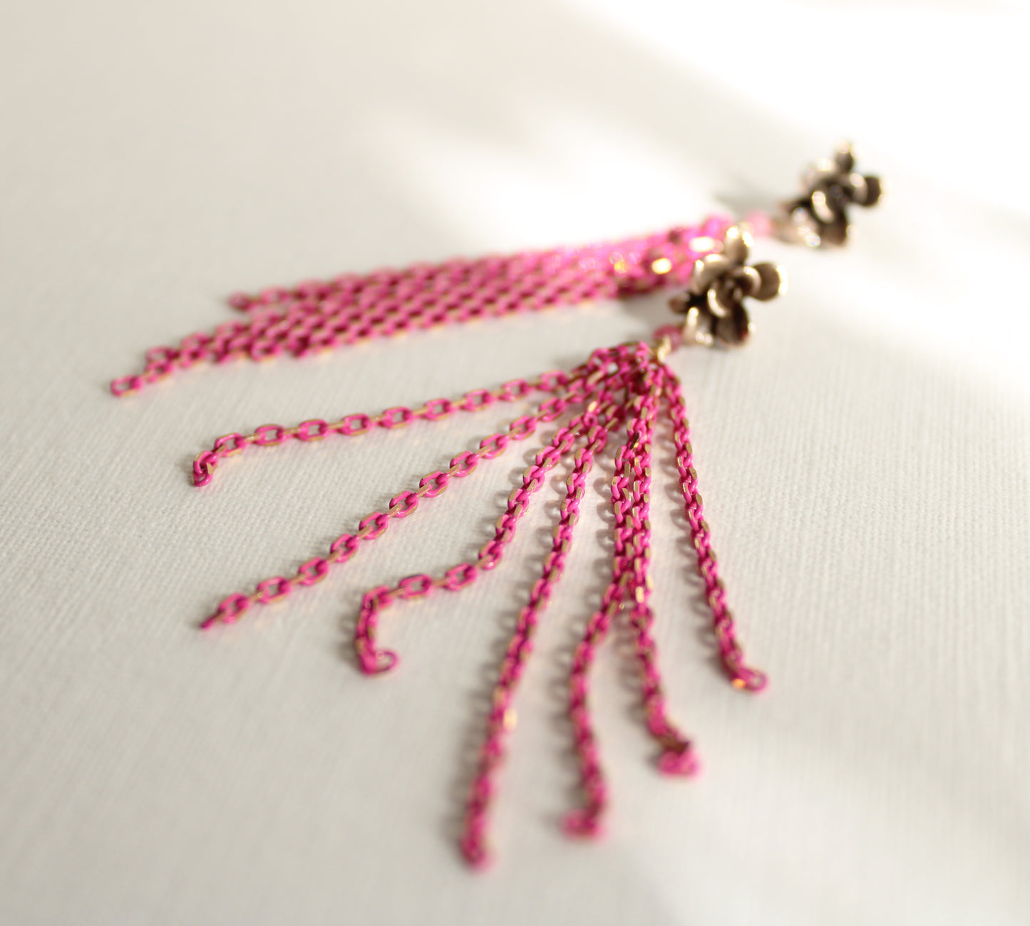 Earrings: Flower Tassel: Bronze/Hot Pink chain