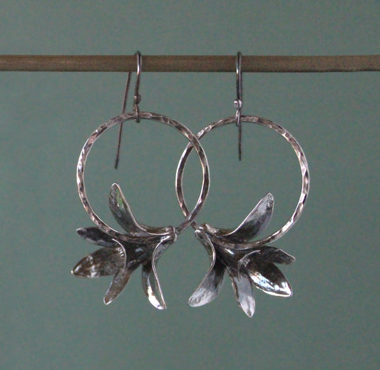 Oxidized Silver Orchid Hoop Earrings