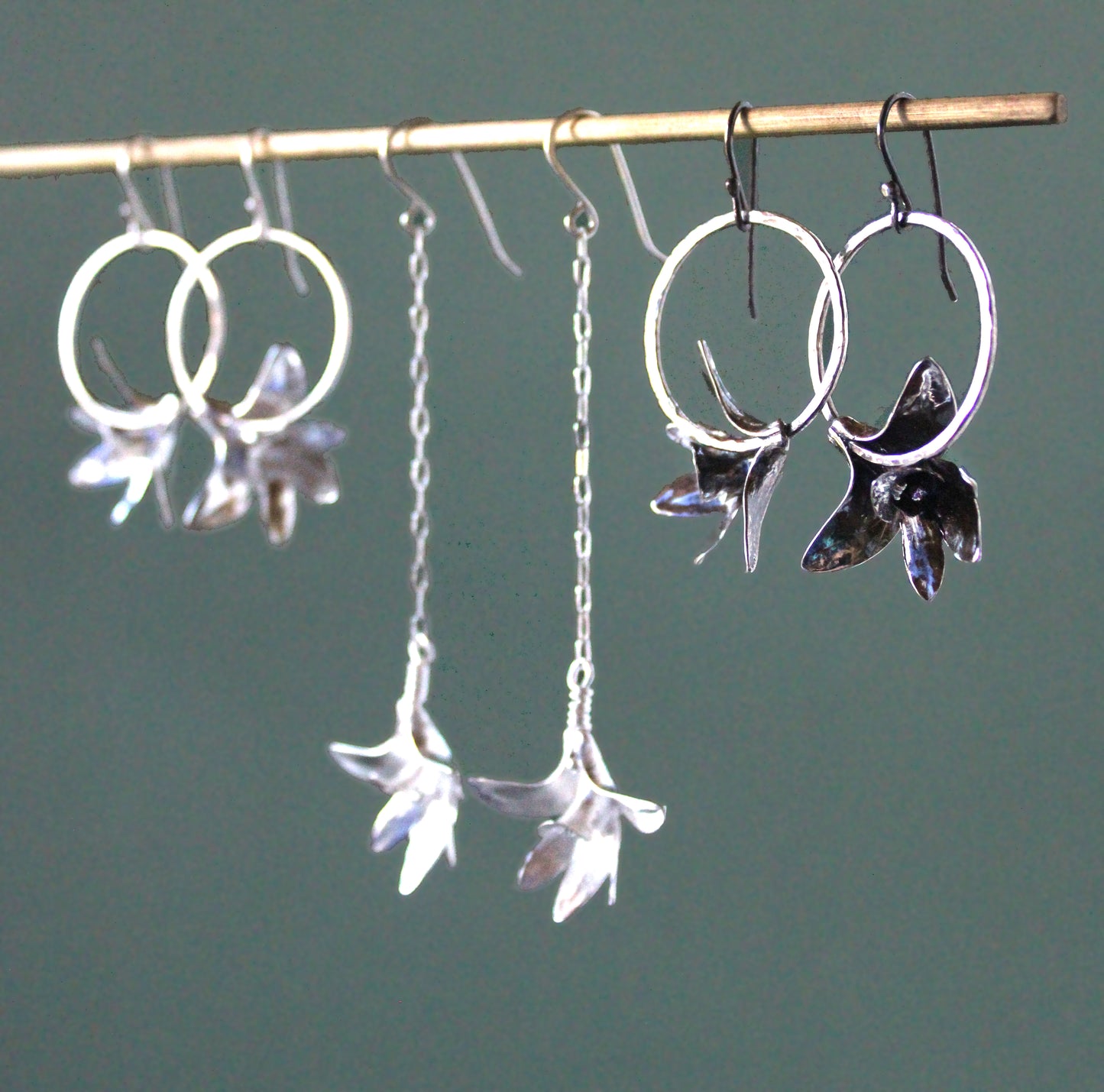 Oxidized Silver Orchid Hoop Earrings