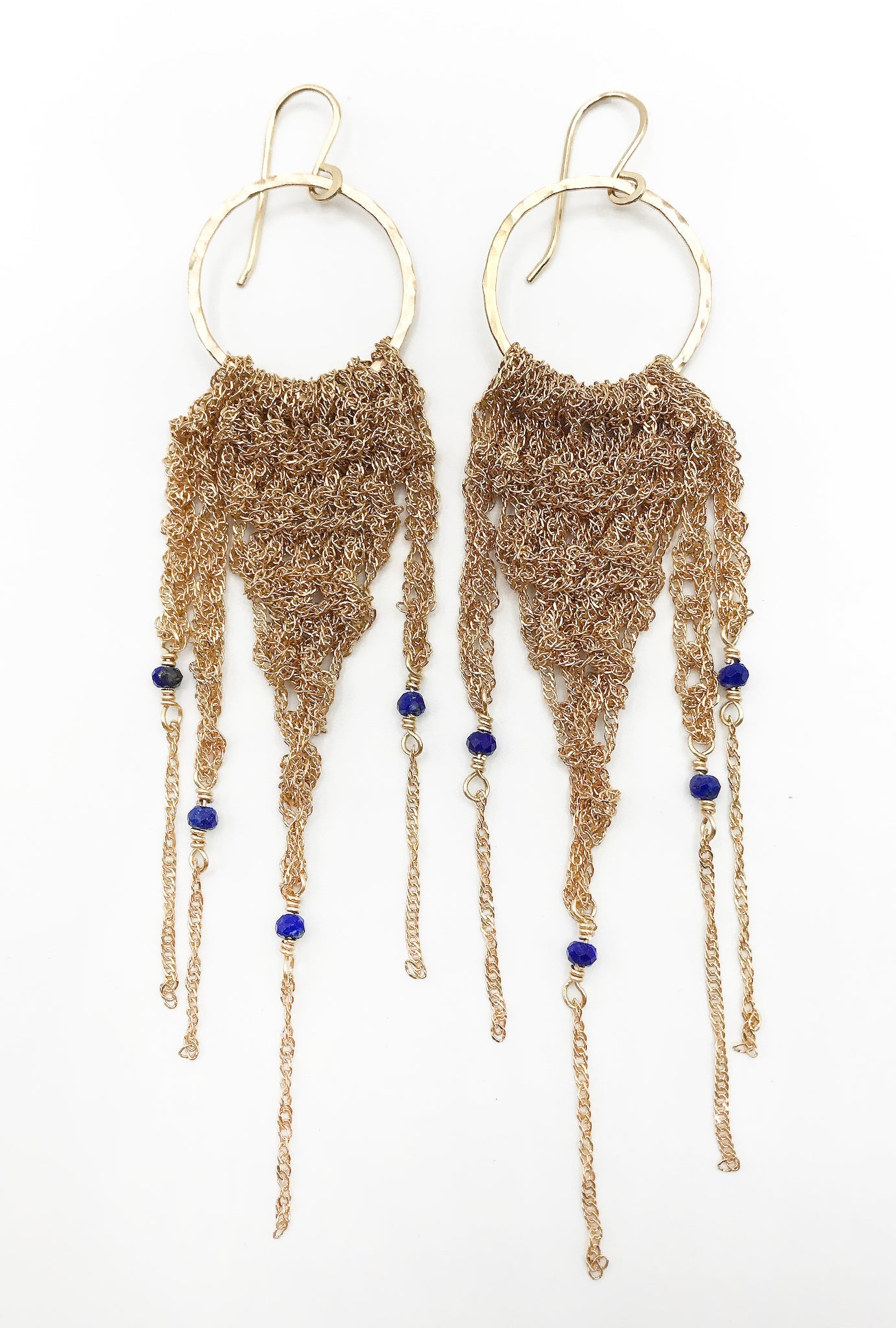 Earrings: crochet fringe: gold: large: lapis