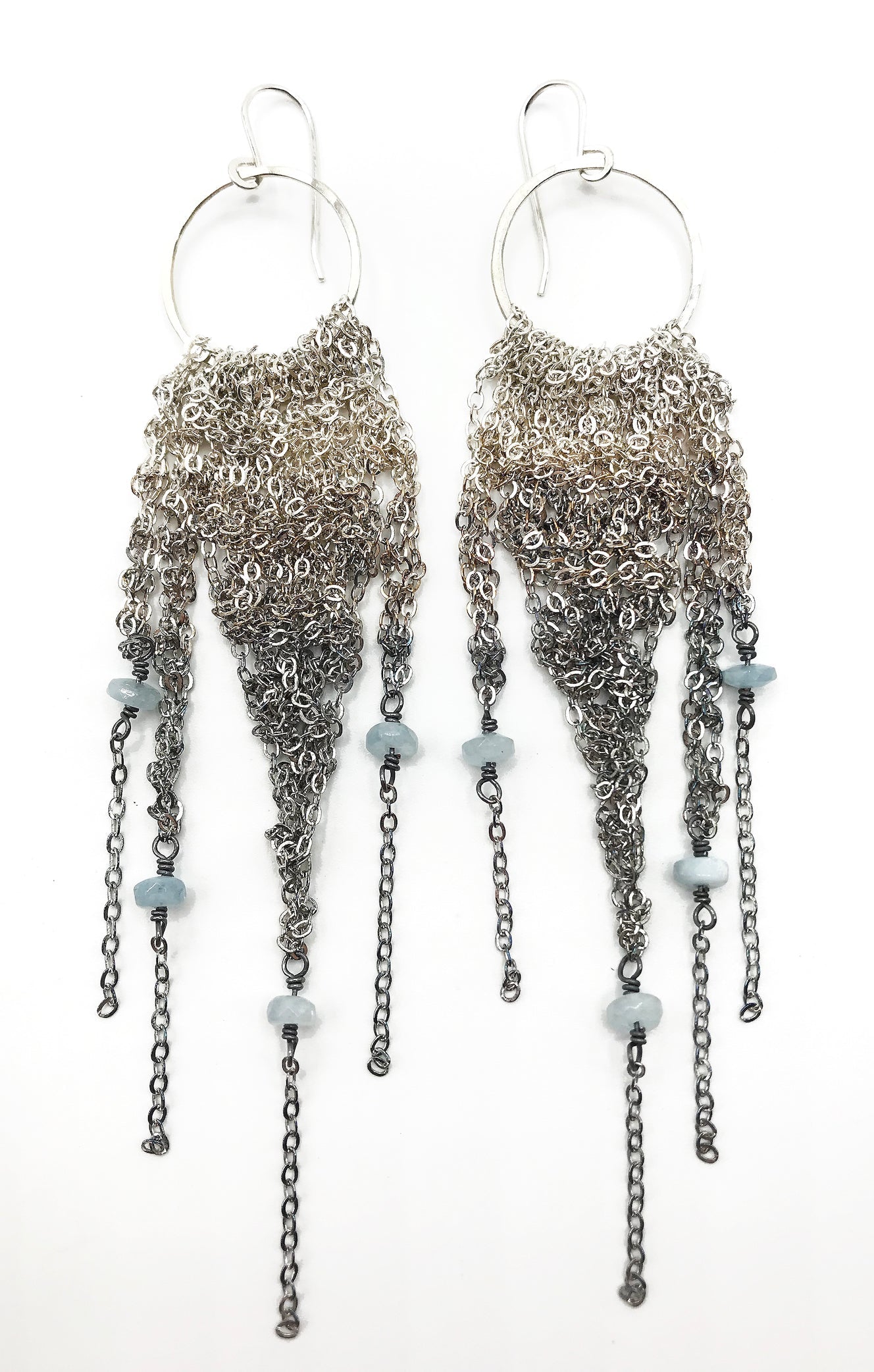 Earrings: crochet fringe: silver ombre: large: aquamarine