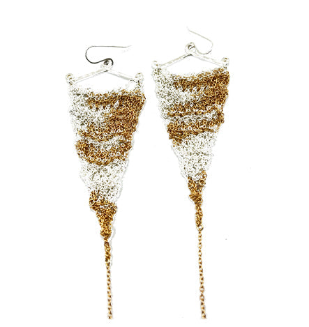 Earrings: Crochet triangle: silver/gold patchwork: large