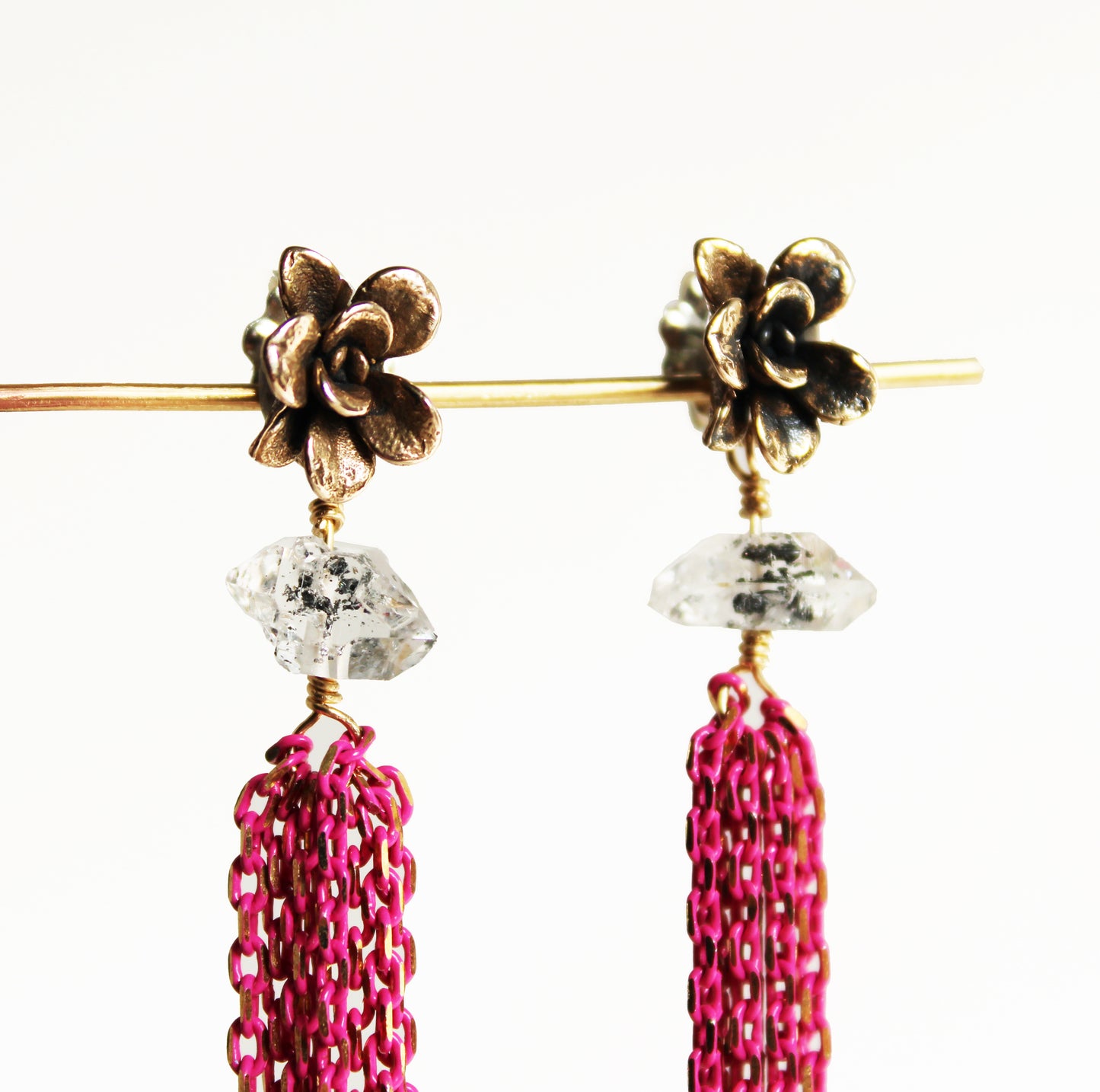 Earrings: Flower Tassel: Bronze/Hot Pink chain