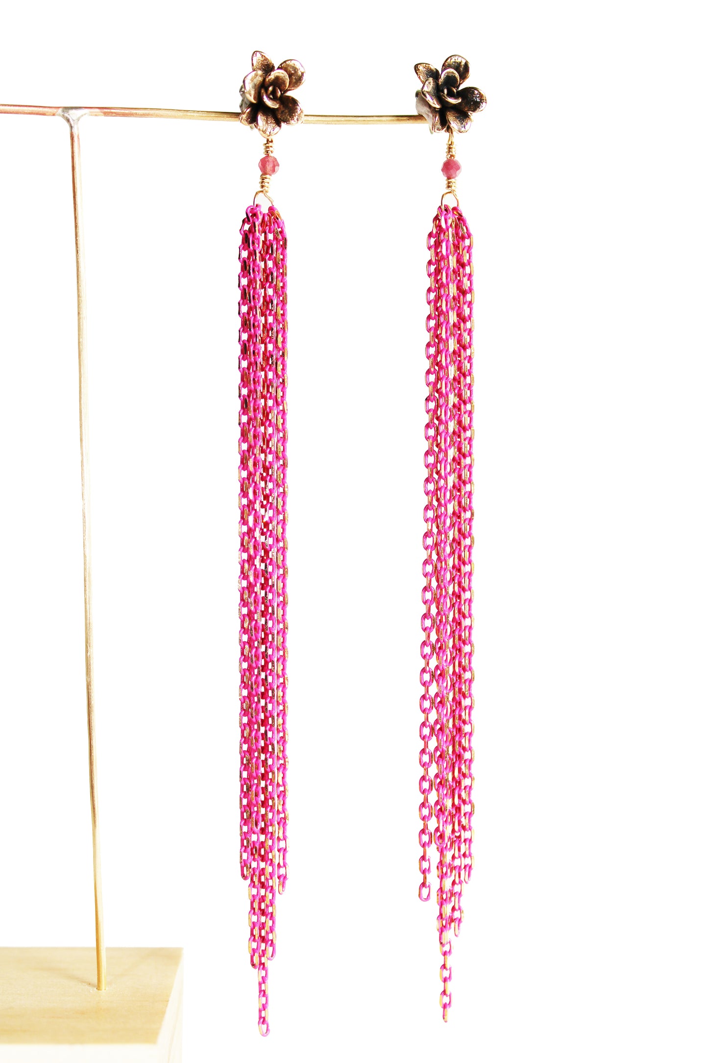 Earrings: Flower Tassel: Bronze/Hot Pink chain