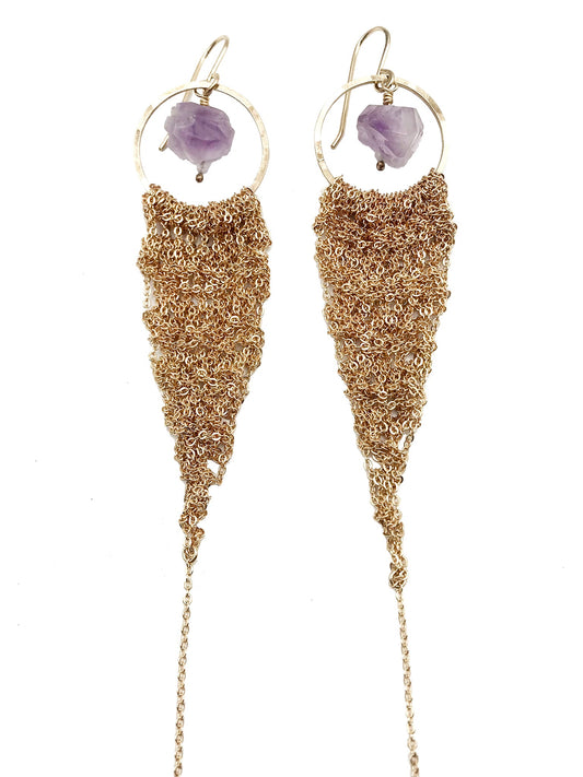 Earrings: crochet drops: gold: large: amethyst