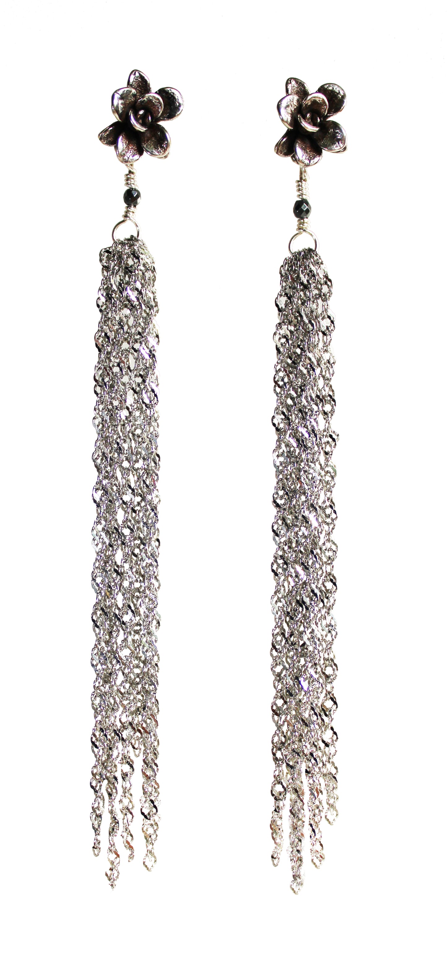 Earrings: Flower Tassel: Oxidized Silver/Hot pink chain