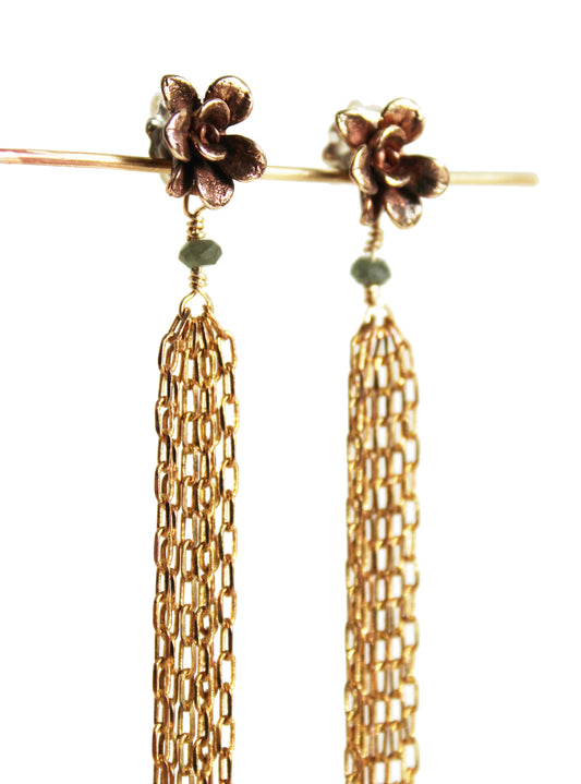 Earrings: Flower Tassel: Bronze/Brass chain