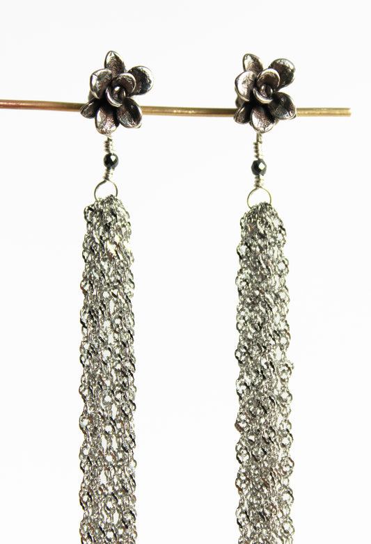 Earrings: Flower Tassel: Oxidized Silver/Hot pink chain