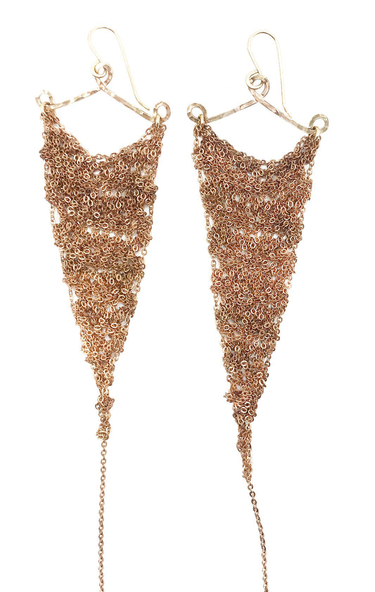 Earrings: Crochet triangle: copper: large