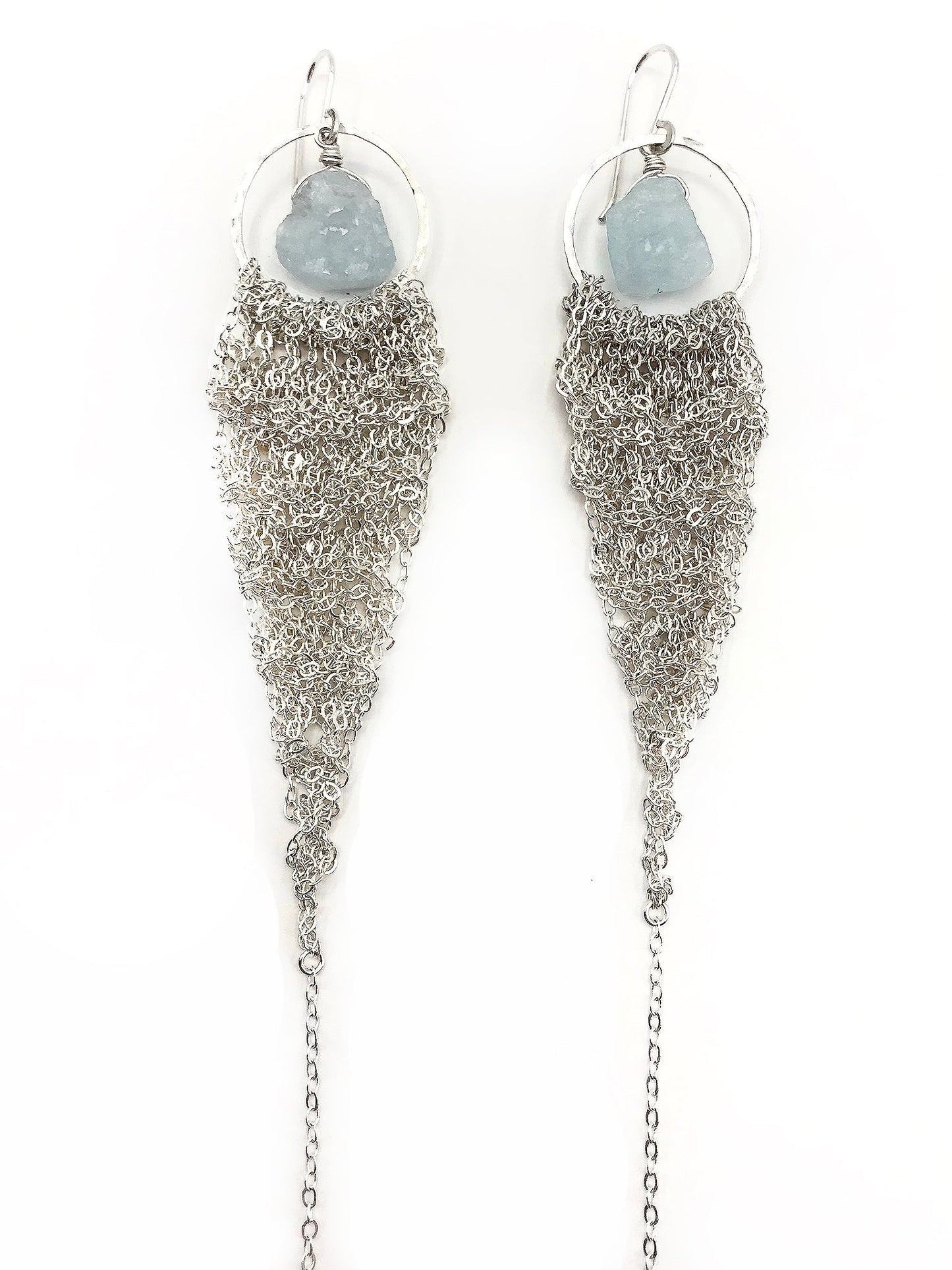 Earrings: crochet drops: silver: large: aquamarine