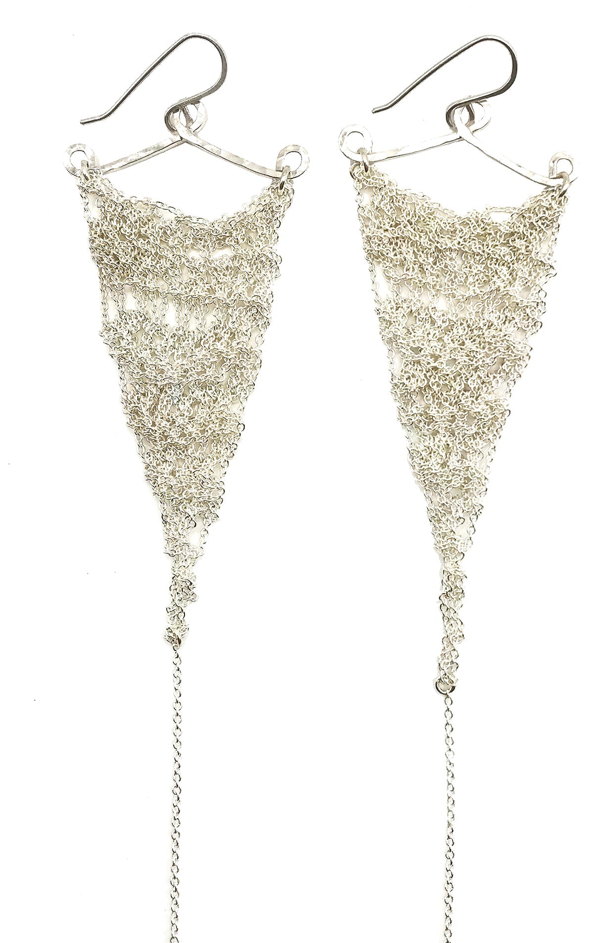 Earrings: Crochet triangle: silver: large