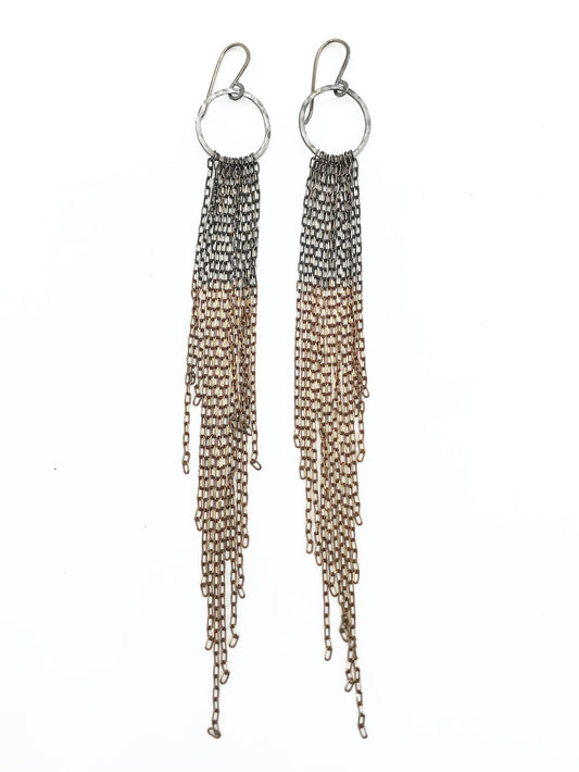 Earrings: Long tassel: silver/brass ombre chain